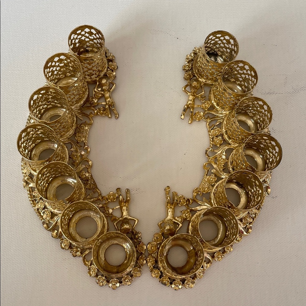 Vintage Gold Brass Filigree Cherubs Lipstick Vanity Makeup Set Holder